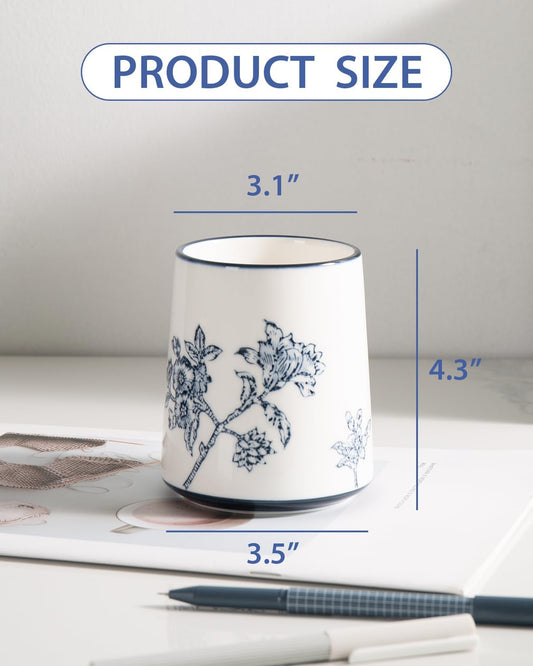 Pencil Holder for Desk, Ceramic Pen Holder, Blue and White Chinoiserie Desk Pen Organizer, Flowers and Branches