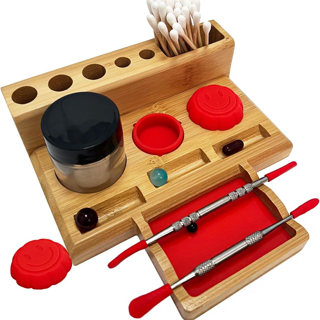 Bamboo Desk Organizer,Carving Tool Organizer with Non-sticky Mat and Silicone Container (21 x 16 x 4.5cm)
