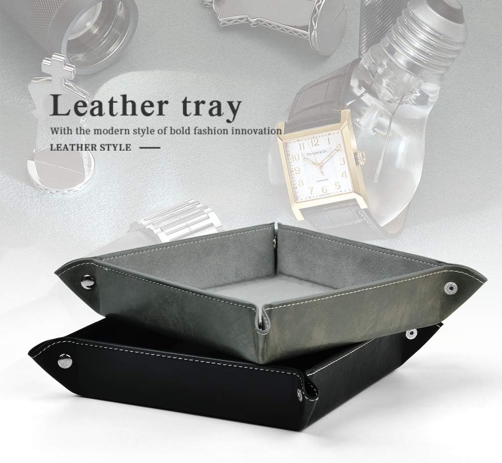 Oirlv Premium Leather Valet Tray for Men Jewelry Organizer, Desktop Storage,Key Wallets Cell Phones Catchall Tray Nightstand or Dresser Organizer Plate (Black)
