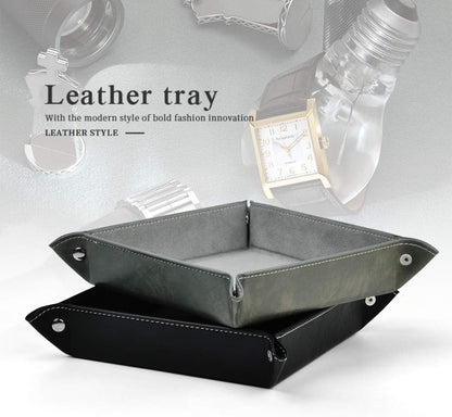 Oirlv Premium Leather Valet Tray for Men Jewelry Organizer, Desktop Storage,Key Wallets Cell Phones Catchall Tray Nightstand or Dresser Organizer Plate (Black)