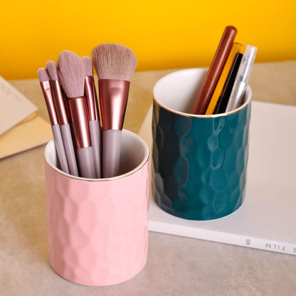 WHJY Ceramic Pink Pencil Cup, Makeup brushes Holder, Gold Pen Holder for Desk Cute Small Boho Brush Holder, Modern Geometry Design Pen Holder