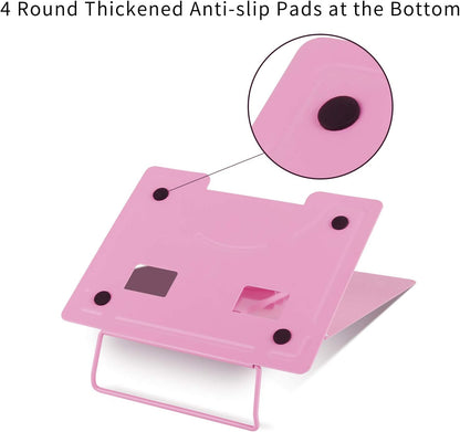 Blizzow Desk Book Stand Holder - Hands Free, Adjustable Metal Stand, Foldable Portable Bookstand - Cookbook, Recipe, Tablet, Music, Documents (Pink)