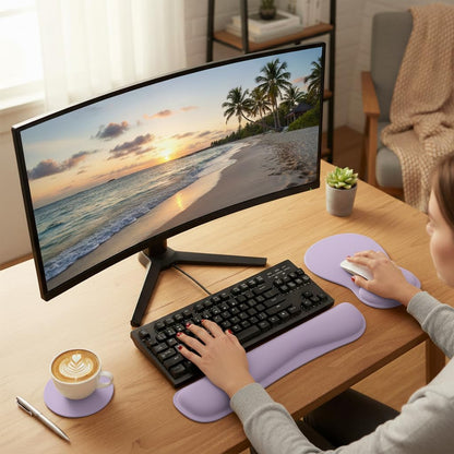 RICHEN Wrist Rest Support for Mouse Pad&Keyboard Set with Coaster,Concave Curved Memory Foam, Non-Slip Base Pain Relief Comfortable Easy Typing Pad for Home/Office (Lavender Purple)