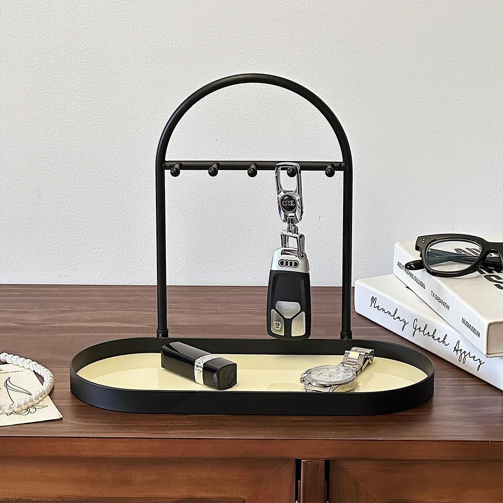 Shinpuru Metal Jewelry Organizer Stand & Key Holder Tray with Acrylic Base, Key Stand and Jewelry Tray with 5 Hooks, Perfect Key Bowl, Valet Key Tray, Ring Holder, Jewelry Dish (Silver Black)