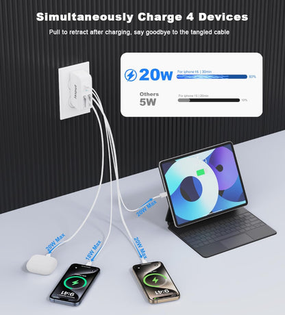 4 in 1 Retractable Wall Charger with Dual Cables,40W Retractable Phone Charger Wall Plug with Dual USB Ports,20W USB C Chargers Block Fast Charging for iPhone 17 16 15 14 13,LG, Galaxy S24 23,Pixel