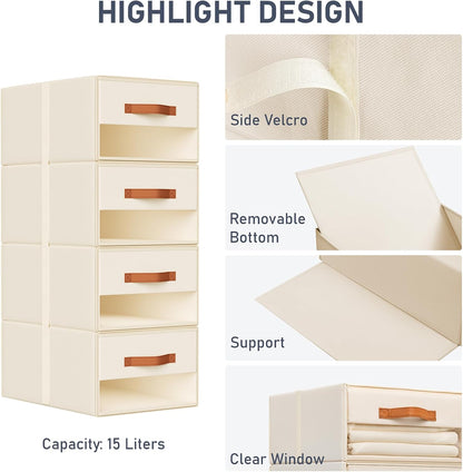 DIMJ Closet Organizers and Storage - Fabric Bins with Drawers for Closet Foldable Clothes Organizers with Clear Window, Stackable Storage Drawers Units for Bedroom, Living Room, 4-Pack, Grey