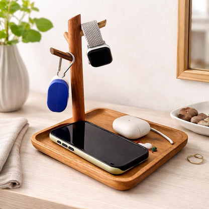 Acacia Wood Key Tray for Entryway Table, Wooden Catchall Organizer with Jewelry Storage Rack, Valet Tray for Keys Wallet Watches Sunglasses Rings(Rectangle)