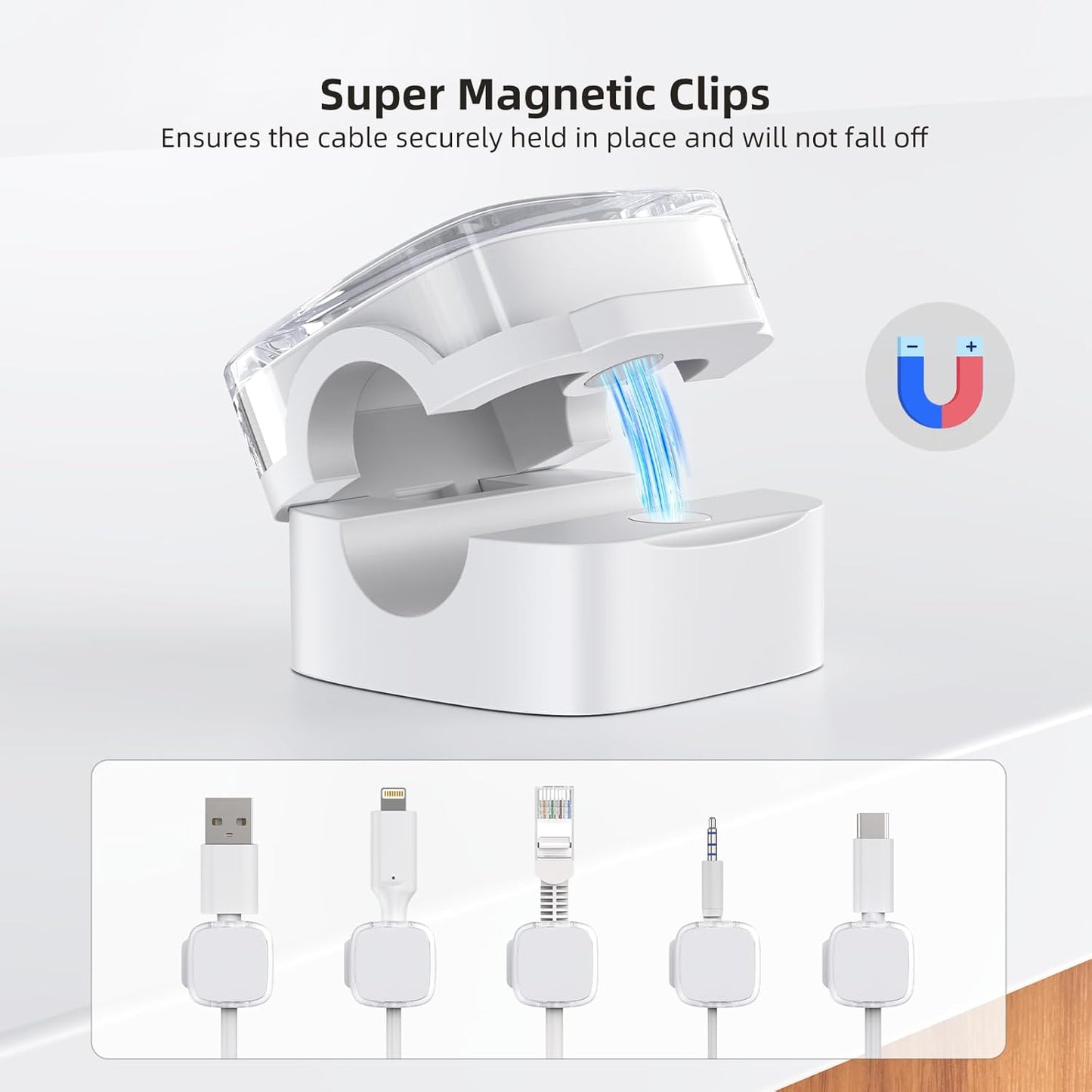 Cord Holder, 6 Pack Magnetic Cable Clips, Strong Adhesive Cord Holder for Nightstand Desk Organizer Kitchen Appliances Car Wall Office Phone Wire Keeper, Clear White