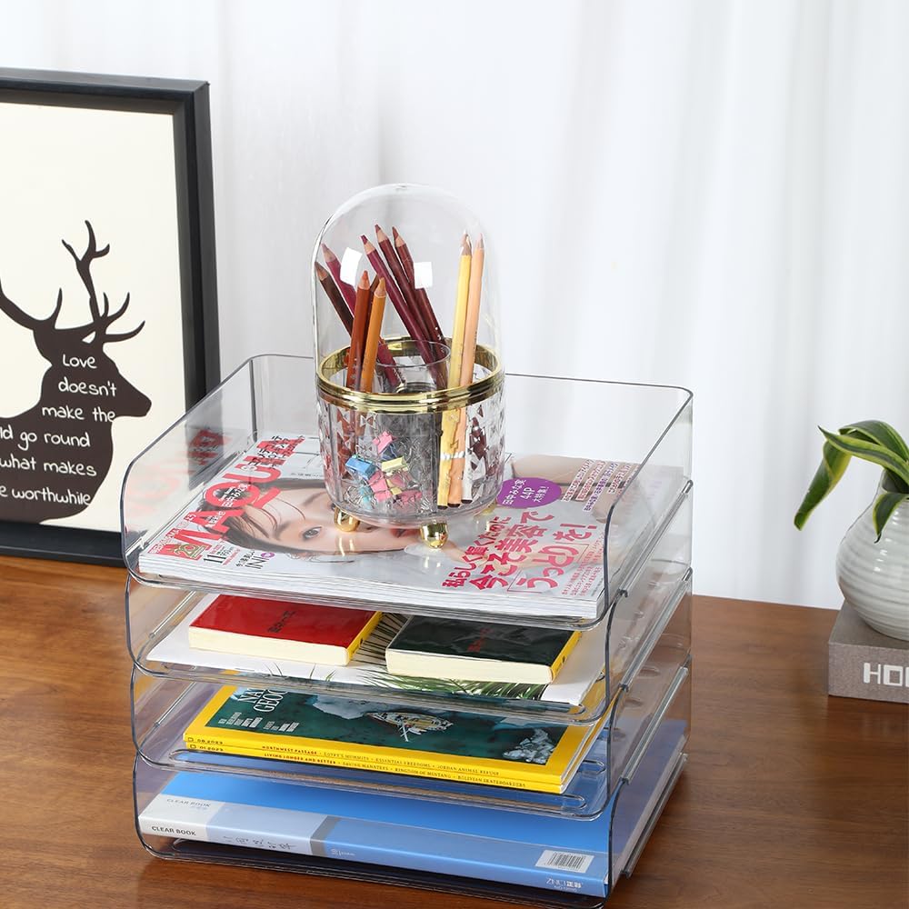 3 Tiers Stackable A4 Paper Trays, Office Desk File Holder, Tidy File Document Letter Book Paper Organizer (3 Tiers,Clear)