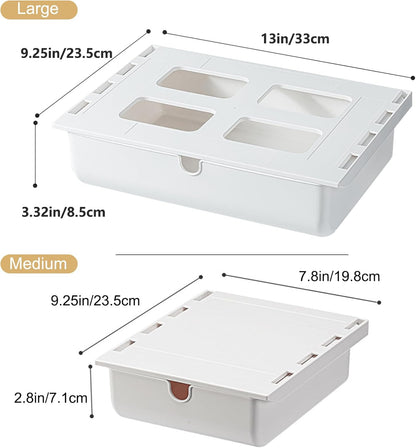 2 Pack Under Desk Drawer, Large & Medium Self-Adhesive Under Desk Organizer, Hidden Under Desk Storage Box Cosmetics Case Stick On Under Table Tray Holder for Cutlery, Office Supplies, Stationery