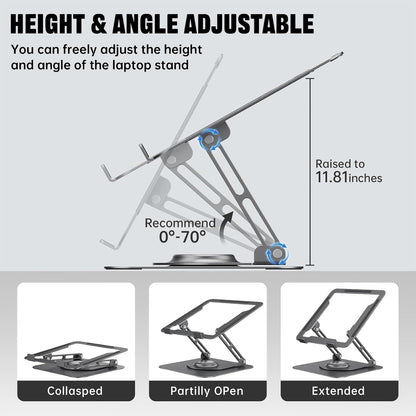 JOYEKY Laptop Stand for Desk, Adjustable Computer Stand with 360° Rotating Base, Ergonomic Laptop Riser for Collaborative Work, Foldable & Portable Laptop Stand, fits for All 10-16" Laptops (Grey)