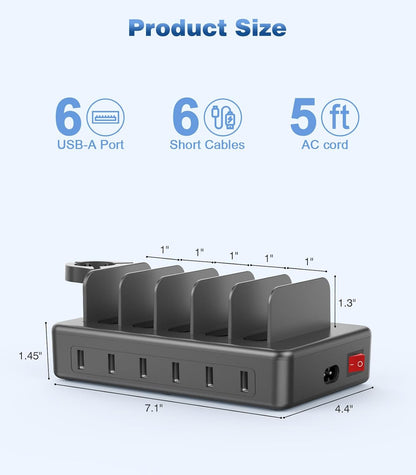 CREATIVE DESIGN Charging Station for Multiple Devices, 50W 6 Ports Charging Dock with 6 Cables Compatible with Cellphone,Tablet, Kindle, Apple Watch and Other Electronic