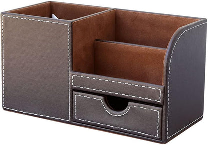 KINGFOM Desk Organizer Office Supplies Caddy Pu Leather Multi-function Storage Box Pen/Pencil,Cell phone, Business Name Cards Remote Control Holder with Small Drawer Black