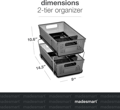 madesmart Two-Tier Bathroom Cabinet Organizer, Sliding Drawer Storage for Bottles, Sponges & Cleaning Supplies, Blue