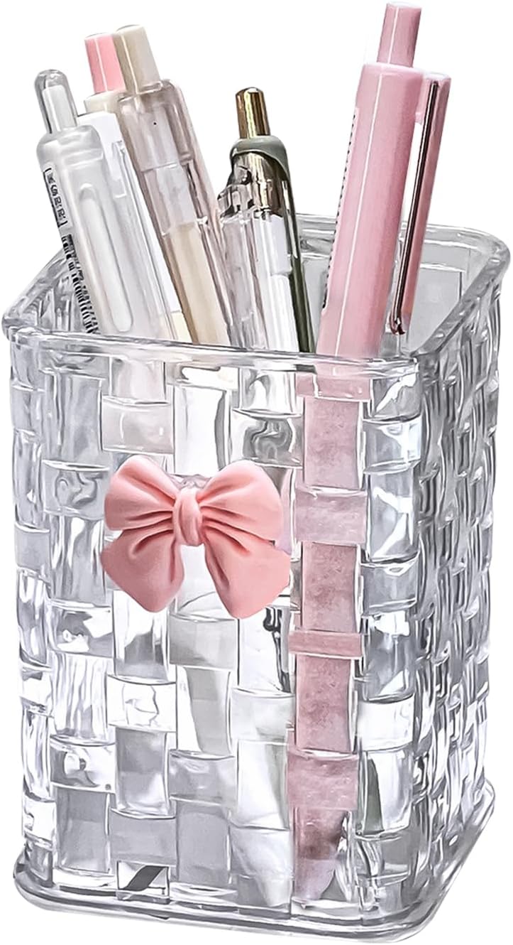 Acrylic Pen Holder for Desk, Clear Pencil Organizer Makeup Brush Cup Holders with Bow Back To School Accessories for Teachers Appreaction Present (Transparent)