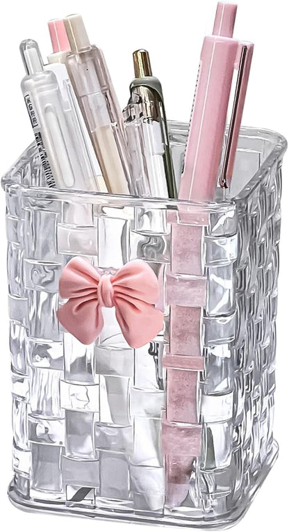 Acrylic Pen Holder for Desk, Clear Pencil Organizer Makeup Brush Cup Holders with Bow Back To School Accessories for Teachers Appreaction Present (Transparent)