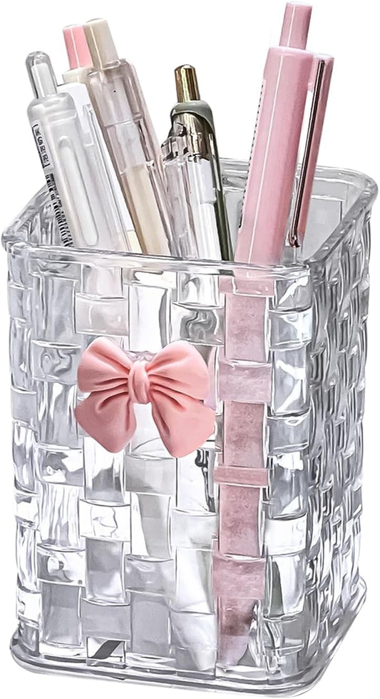 Acrylic Pen Holder for Desk, Clear Pencil Organizer Makeup Brush Cup Holders with Bow Back To School Accessories for Teachers Appreaction Present (Transparent)