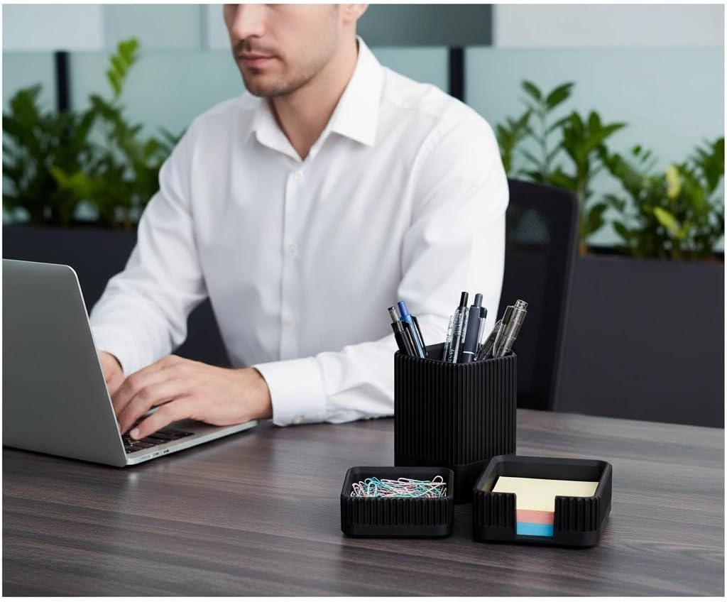 Aesthetic Desk Organizers and Accessories Set of 3 with Pen Holder,Paperclip Holder,Sticky Note Holder - Durable Plastic Pencil Holder for Office Women Men-Teacher Appreciation/Back-to-school Gift