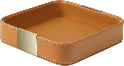 SANZIE Luxury Leather Desktop Storage Small Catchall Organizer Decorative Tray for Entryway Table to Hold Jewelry Watch Cosmetics Keys Phone Wallet, Home & Office Accessories (Metal Silvered, Black)