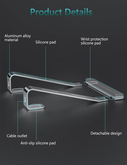 JCZT Aluminum Laptop Stand, Notebook Stand with Wrist Rest, Ergonomic Detachable Laptop Mount, Computer Stand Compatible with 10-17'' All Laptops Such as MacBook Air Pro/HP/Dell/Lenovo, Gold
