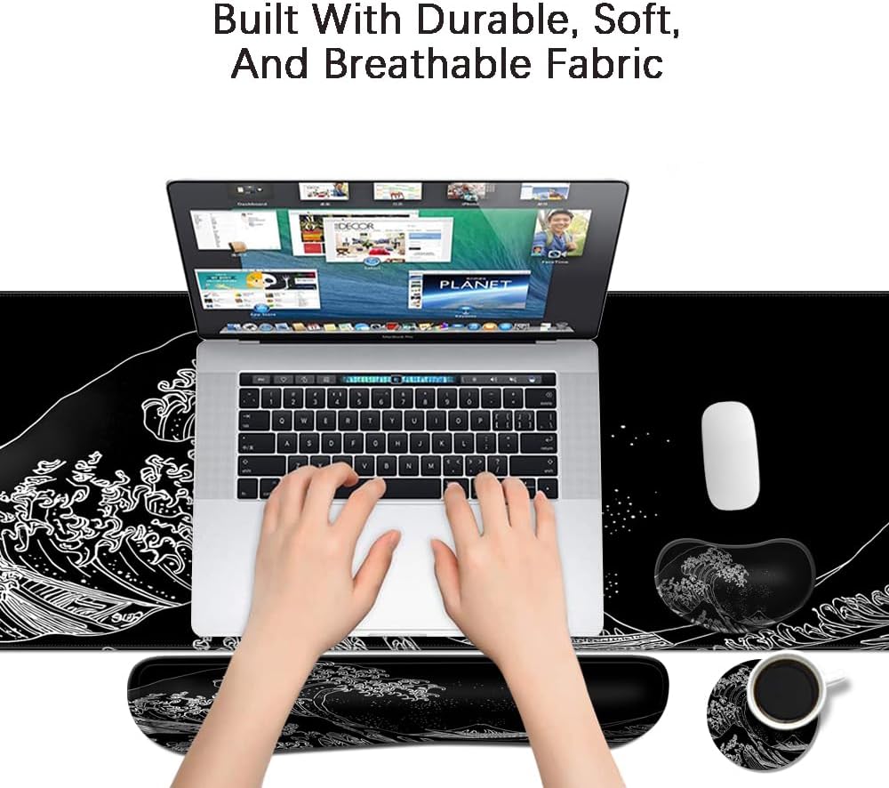 MIBITRI Keyboard Mouse Pad Set, Extended Gaming Mouse Pad+Ergonomics Keyboard Wrist Rest Support, Memory Foam, Easy Typing Pain Relief, 4Pcs XXL Ultra Thick Desk Mat, Enchanted Bookshelf