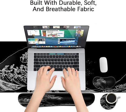 MIBITRI Keyboard Mouse Pad Set, Extended Gaming Mouse Pad+Ergonomics Keyboard Wrist Rest Support, Memory Foam, Easy Typing Pain Relief, 4Pcs XXL Ultra Thick Desk Mat, Enchanted Bookshelf