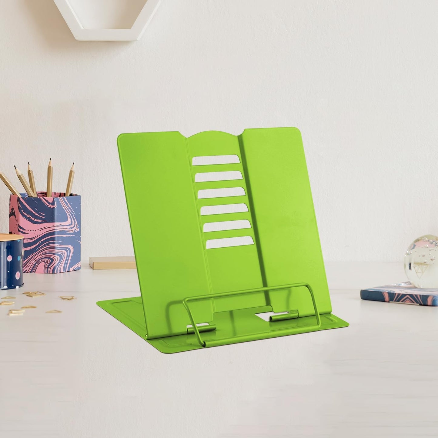 MSDADA Small Desk Book Stand Metal Reading Rest Book Holder Adjustable Cookbook Documents Holder Portable Sturdy Bookstands for Recipes Textbooks Tablet Music Books(White)