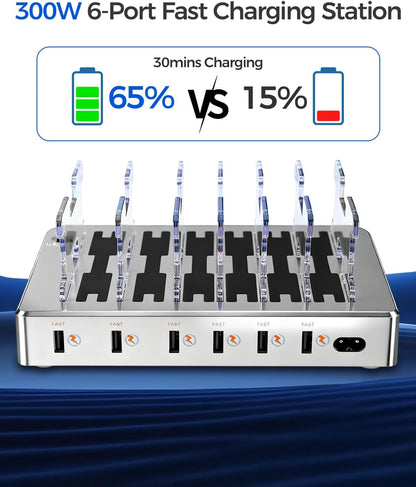 300W Charging Station for Multiple Devices, Fast Charging 6 Port Charging Station - Compatible with iPhone iPad Android Tablets, Home Office Travel Organizer