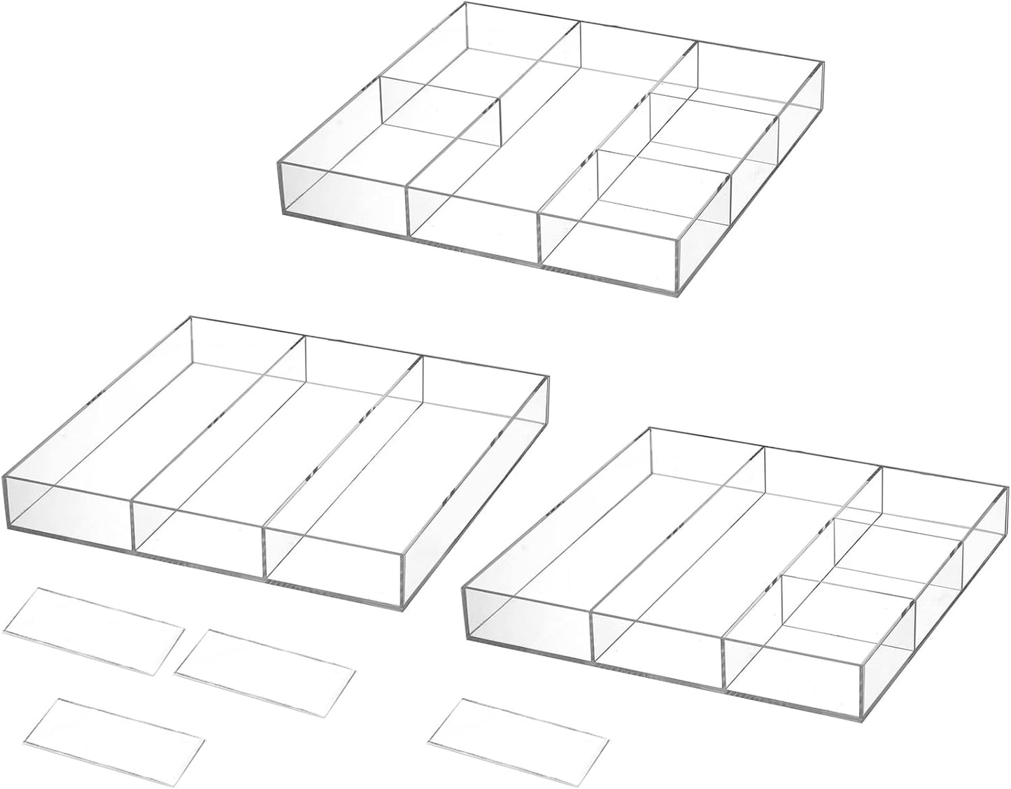Peohud 2 Pack Acrylic Drawer Organizer Tray, 6/3 Section Clear Makeup Tray Organizer for Drawer, Junk Drawer Storage for Office Desk Supplies and Accessories