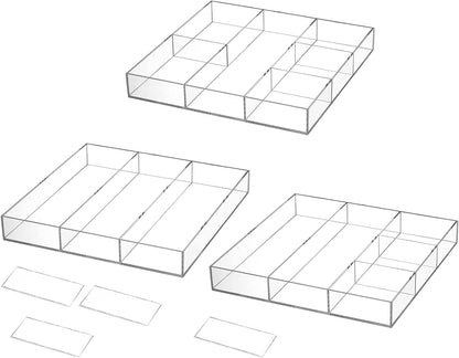 Peohud 2 Pack Acrylic Drawer Organizer Tray, 6/3 Section Clear Makeup Tray Organizer for Drawer, Junk Drawer Storage for Office Desk Supplies and Accessories