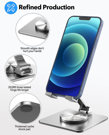 Cell Phone & Tablet Stand for Desk, Aluminum Adjustable Holder for iPhone, iPad & Smartphones || Foldable Mount with 360° Swivel, Stable Base & Portable Design for 4–9.7in Devices, Purple