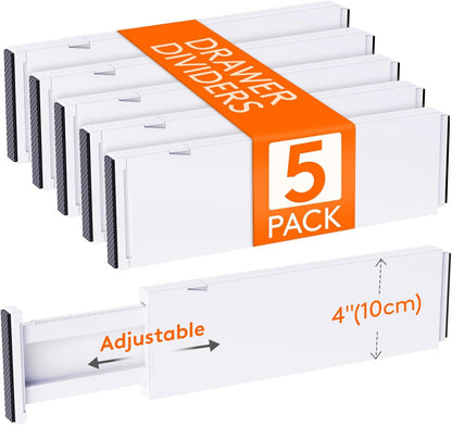 Lifewit 5 Pack 4" High Drawer Dividers 28-43.5cm/11-17" Adjustable Drawer Organizer for Clothes/Utensils, Expandable Drawer Separator in Dresser/Kitchen/Bedroom/Office Organization & Storage White