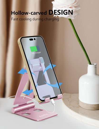 Aoviho Cell Phone Stand for Desk, Adjustable Desktop Phone Holder Stand, Foldable Moblie Phone Dock for iPhone17 16 15 14 13 12 11 Pro Xs Max Xr X 8 7 6 5 5s SE Nintendo Switch All Phones, Pink