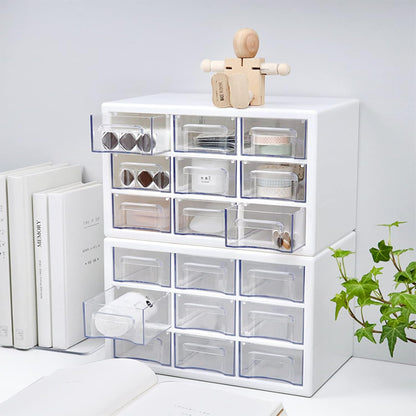 Desk Storage Organizer with 9 Drawers, MYKASEN Clear Plastic Storage Cabinet, Stackable Desk Storage Box for Makeup Office Craft Hardware Art Supplies, 9.8x6.3x5.9inch(White)