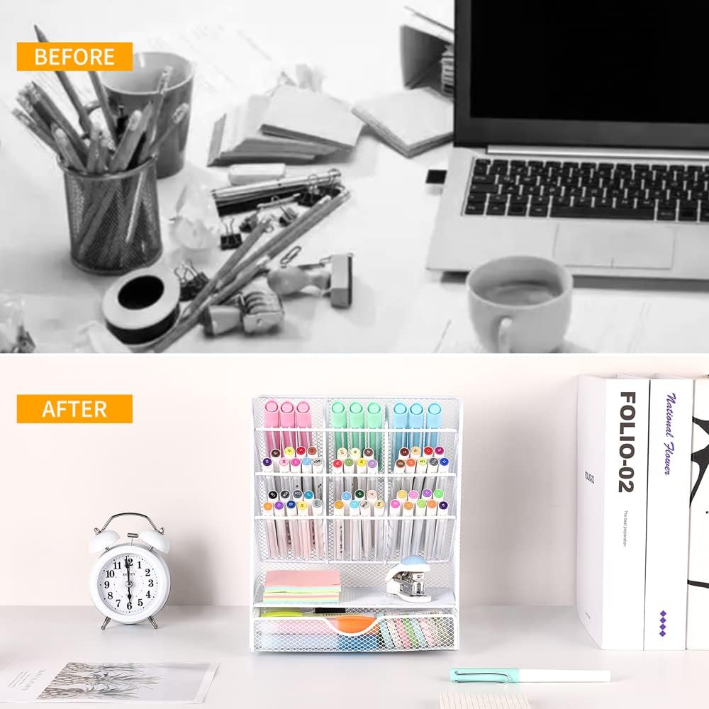 Spacrea Pen Holder Desk Organizer - Desk Organizers and Accessories, Pencil Holder with 10 Compartments and 1 Drawer（Rose Gold）