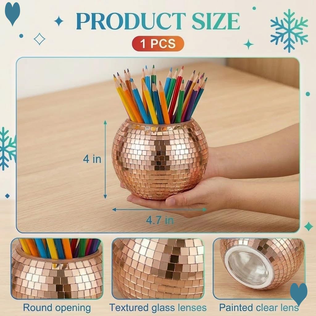 Glass Disco Ball Pen Holder with Smooth Grouting - Premium Mirror Mosaic Pencil Cup for Desk, Cute Makeup Brush Holder, Aesthetic Room Decor Gift (Iridiscente)