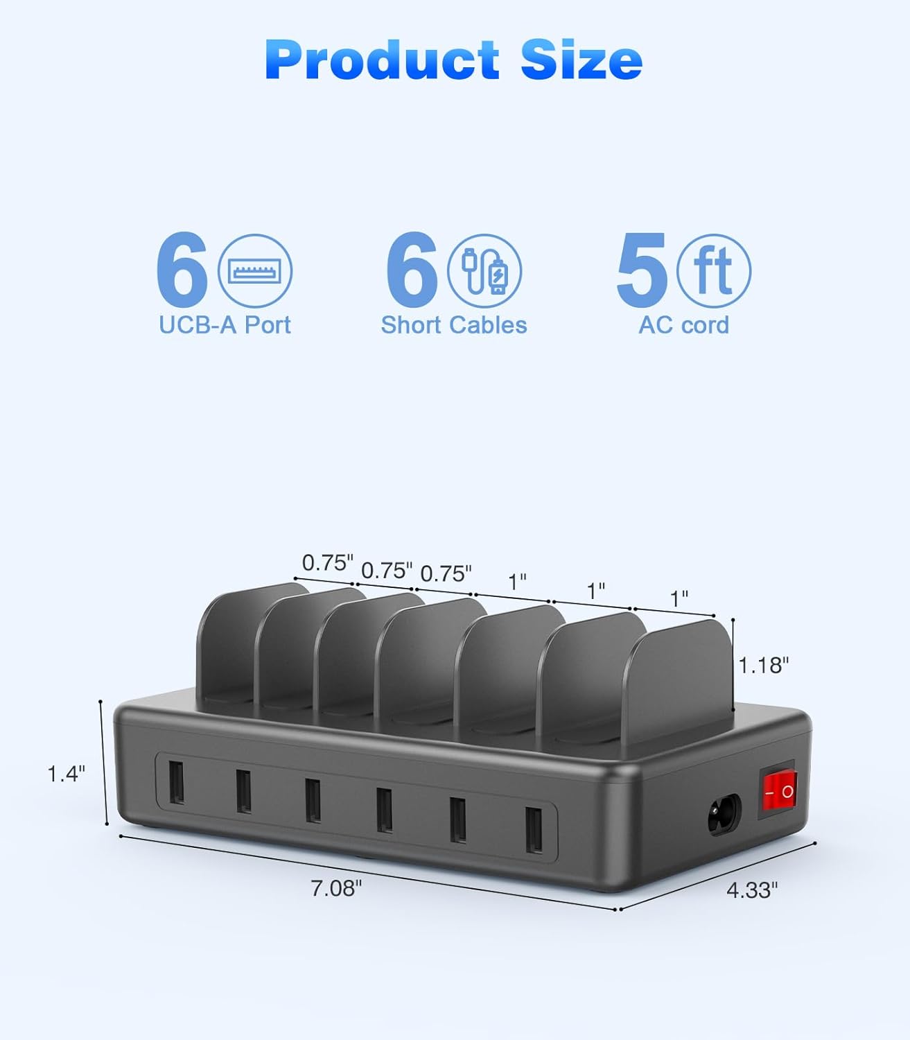 CREATIVE DESIGN 50W 6 Ports Multi Charger Station with 6 Charging Cables, USB Charging Dock for Multiple Devices, Compatible with Cellphone iPad Kindle Tablet and Other Electronic Devices