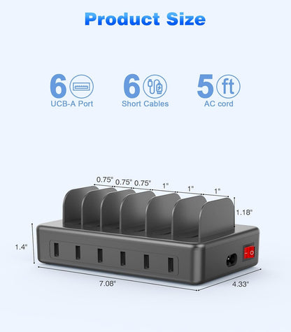 CREATIVE DESIGN 50W 6 Ports Multi Charger Station with 6 Charging Cables, USB Charging Dock for Multiple Devices, Compatible with Cellphone iPad Kindle Tablet and Other Electronic Devices
