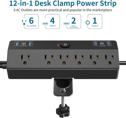 Desk Clamp Power Strip with 40W Fast Charging Station, JXGUCAT 10FT Flat Plug Desk Mount Power Strip Surge Protector, Removable Extension Cord with 2 USB-C Ports 6 Outlets, Fits 1.8" Tabletop Edge
