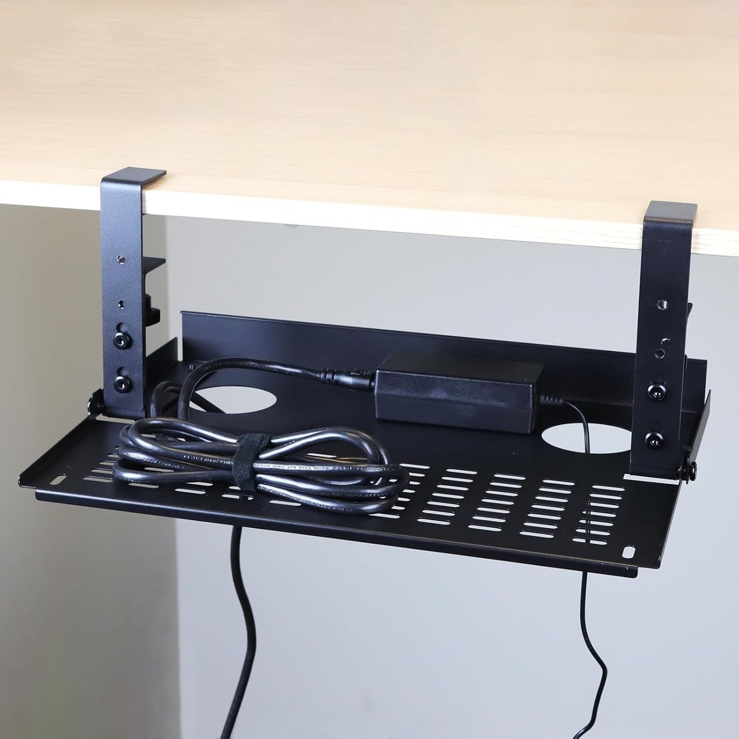 AEONS Under Desk Cable Management Tray Kit - Horizontal Adjustable up to 41” Removable C Clamp Mount Reversible Computer Cord Raceway and Modesty Panel for Large Table, Black