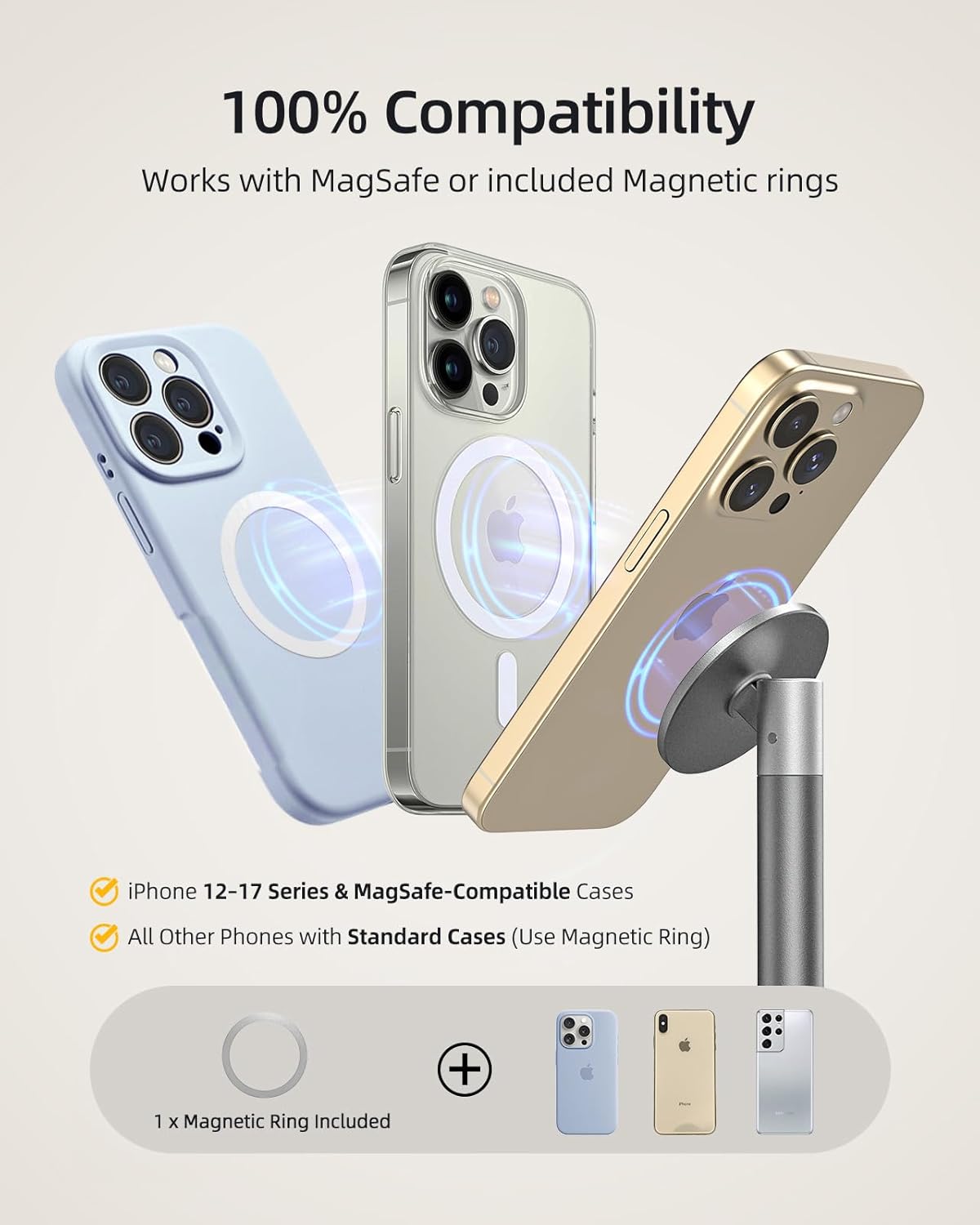 Nulaxy Magnetic Full Aluminum Cell Phone Stand for MagSafe with Metal Ring, 360 Rotating Phone Stand for Desk, Office Desk Accessories, Adjustable Phone Holder Compatible with All Phones, Gray