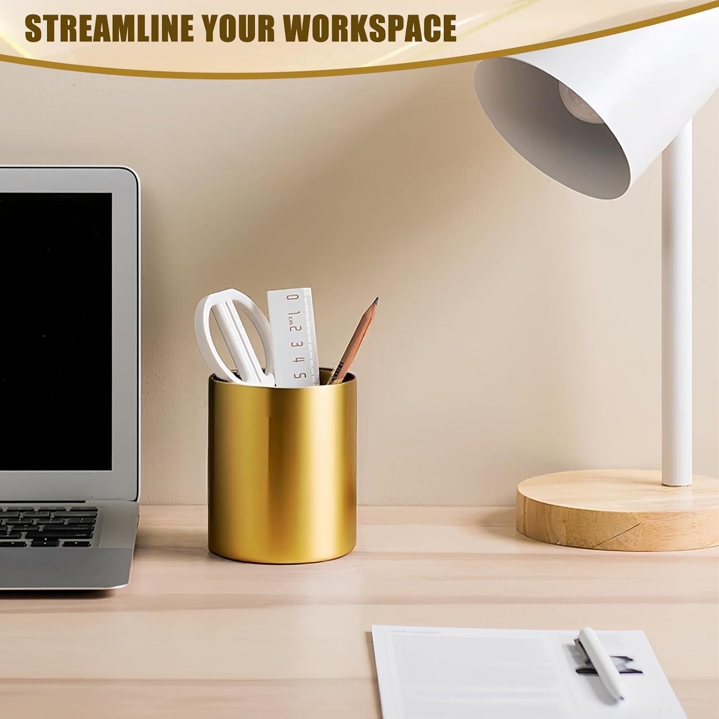 Gold Pen Holder for Desk, 3.9 Inch Stainless Steel Pencil Cup & Makeup Brush Organizer, Multi-Purpose Office and Vanity Desk Accessory for Women, Elegant Gold Home Decor