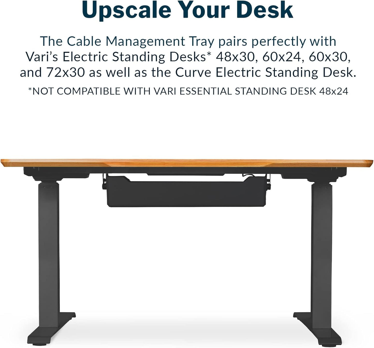 Vari Cable Management Tray - Under Desk Cord & Wire Organizer - Ideal for Home Office Sit Stand Desks - Fits Adjustable Electric Standing Desk 48x30, 60x30, 60x24, 72x30 - Easy Assembly (Black)