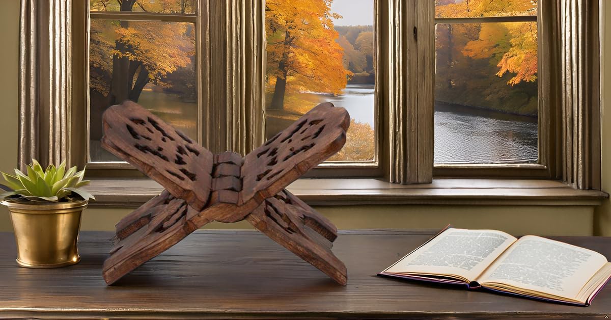 Beautiful Handmade Wooden Prayer Book Display Stand Holder Rehal for Religious Holy Books The Bible Quran Geeta Foldable Book Rest Traditional Living Room Home Decor Accents (12 (L) x 6 (W) Inches)