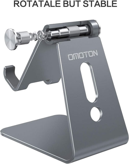 Adjustable Cell Phone Stand, OMOTON Aluminum Desktop Cellphone Stand with Anti-Slip Base and Convenient Charging Port, Fits All Smart Phones, Silver