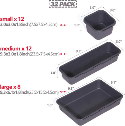 Set of 32 Interlocking Desk Drawer Organizer Tray Dividers Plastic Shallow Narrow Drawers Organizers Separators Storage Bins Container for Kitchen Bathroom Makeup Office Vanity Bedroom Dresser