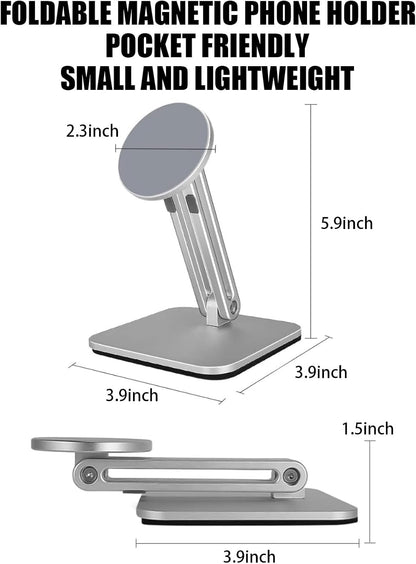 Magnetic Phone Stand for Desk, Heightened & Adjustable & Foldable Metal Magnetic Phone Holder Stand for Desk/Office/Home, Compatible with iPhone 12-17All Series/Mag Safe Case (Black