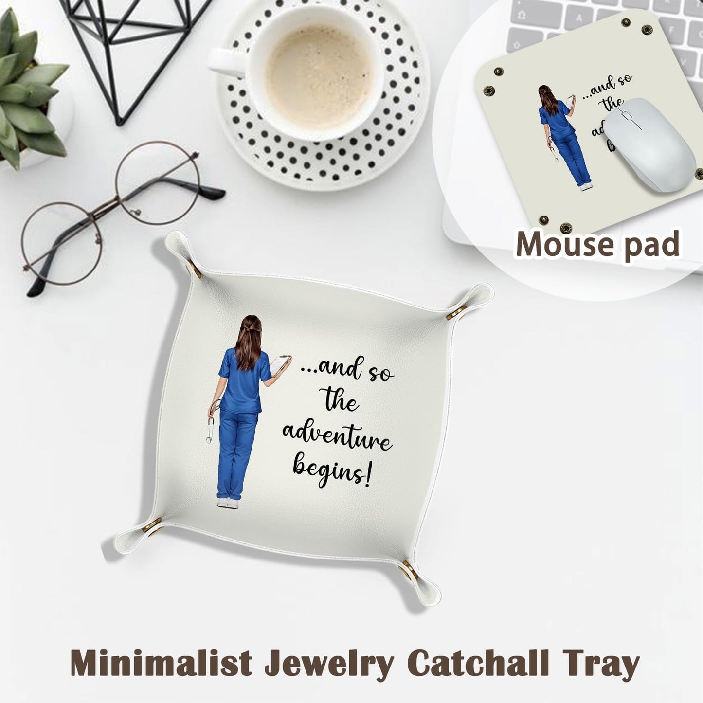 Inspirational Gifts for Women Jewelry Valet Tray, Motivational Positive Affirmations Gifts for Women, Blue Retro Nightstand Desk Accessories PU Leather Tray Organizer for Jewelry Rings Watches