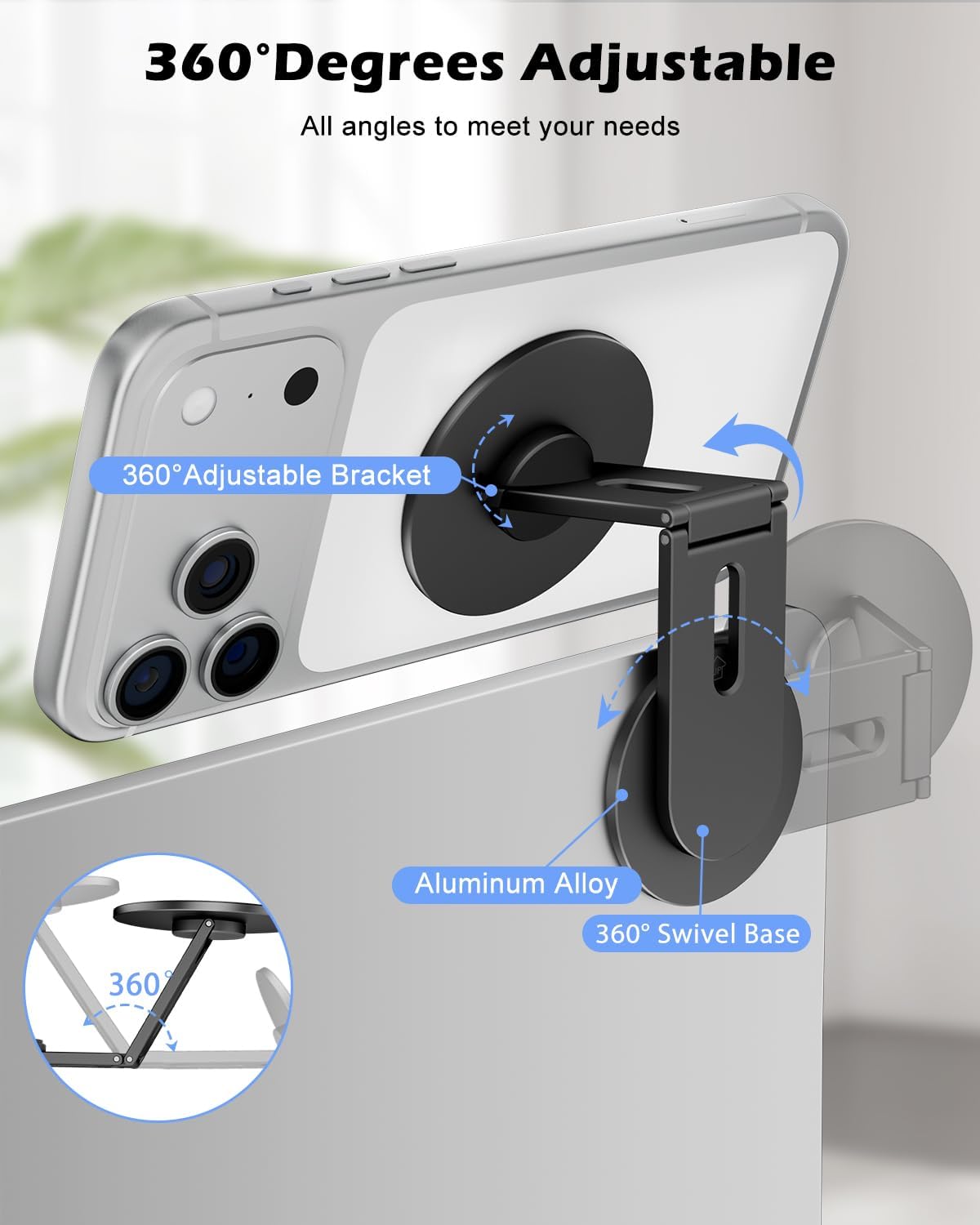 CloudValley Magnetic Phone Laptop Holder Mount, Foldable Hidden Portable Stand for iPhone 17/16/15/14/13 & All Phone, Clamp for Monitor Side, Compatible with Laptop, Desktop, Tesla Model 3/ Y, Silver