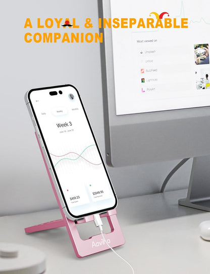 Aoviho Phone Stand for Desk, Ultra-Thin Foldable Aluminum Phone Holder, Portable Travel & Office Cell Phone Stand Compatible with iPhone 17 16 15 14 13 12 Pro Max, Fits 3.7"-7" Devices, Black